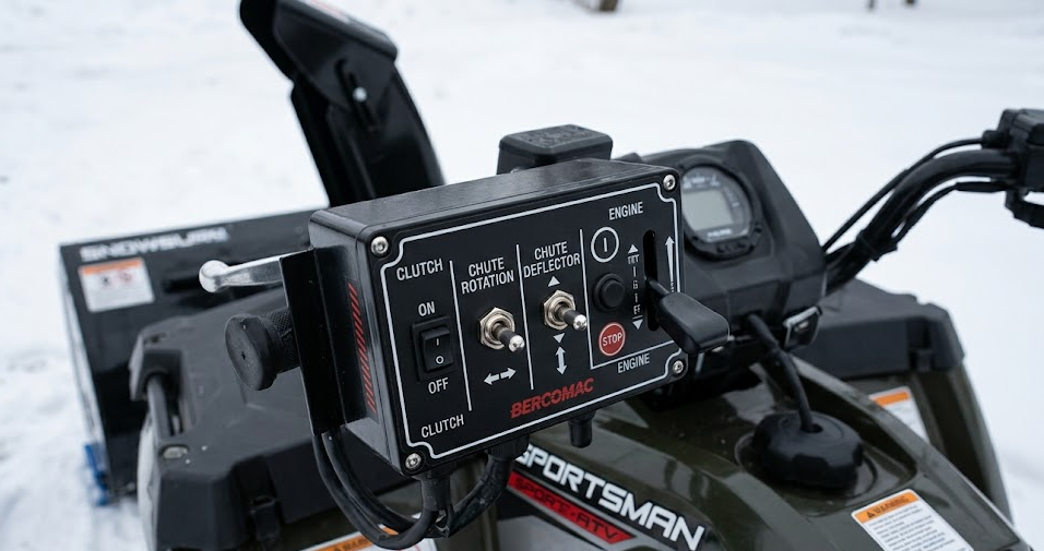 A close-up image of the electrical control box that comes with each Polaris Sportsman by Bercomac, including clutch, chute, and engine controls. A close-up image of the electrical control box that comes with each Polaris Sportsman by Bercomac, including clutch, chute, and engine controls.