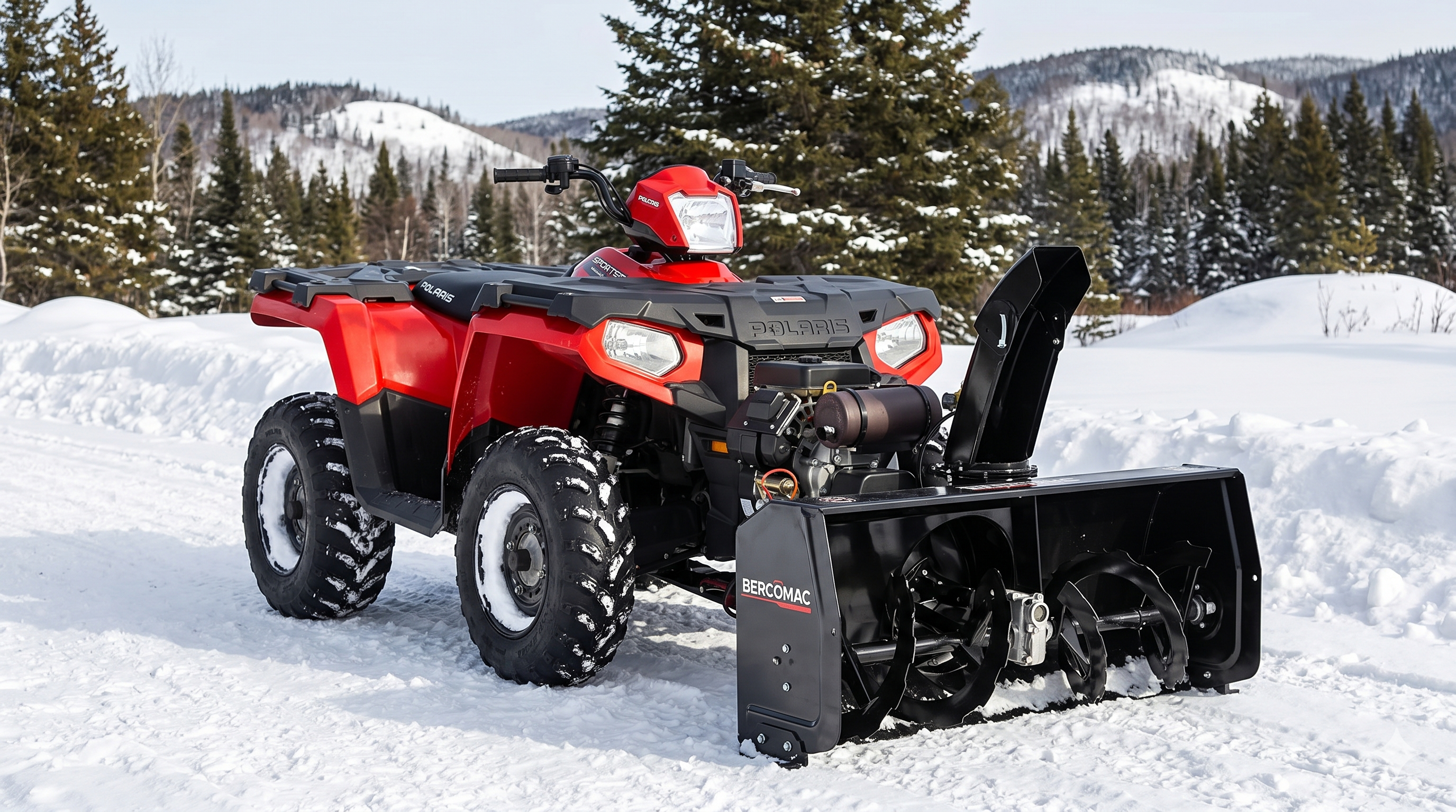 A front-oblique image of a Polaris Sportsman Snowblower by Bercomac, installed on an ATV and parked on snowy terrain. A front-oblique image of a Polaris Sportsman Snowblower by Bercomac, installed on an ATV and parked on snowy terrain.